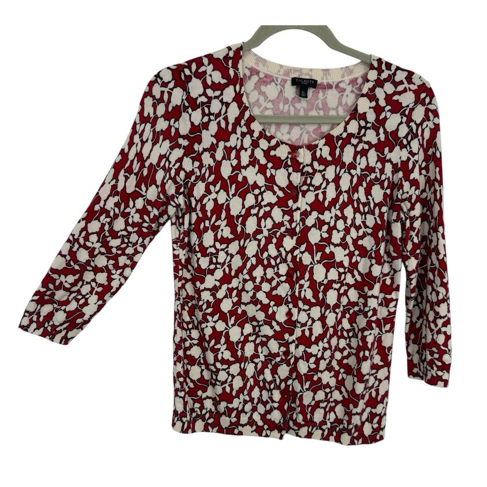 Talbots Button Up Cardigan Red White Floral  3/4 Sleeves Size Small